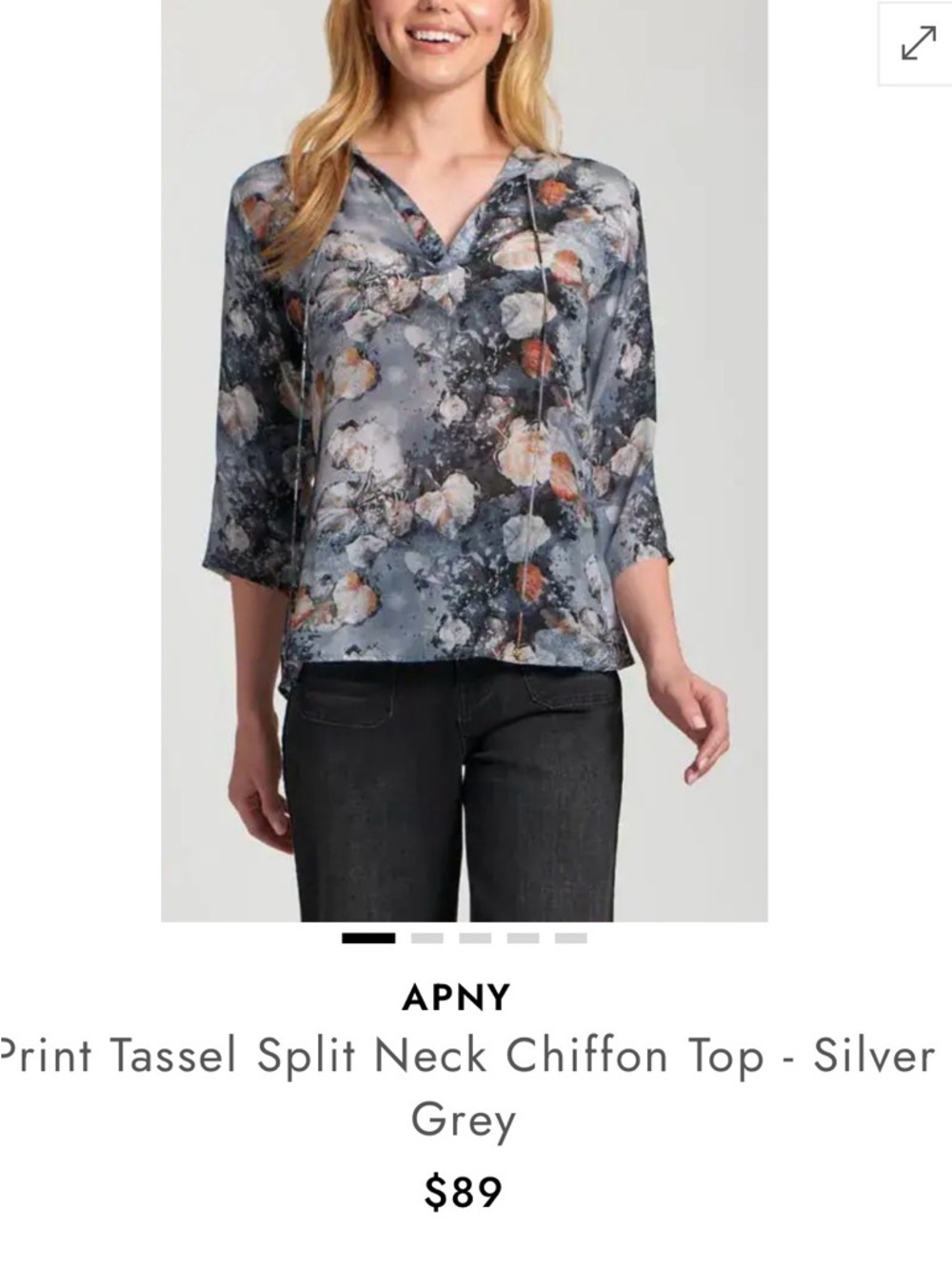 APNY Silver-Grey Floral Print Tassel Split-Neck Chiffon Top